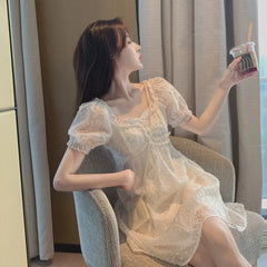 pantsparadises DRESS TO IMPRESS Summer Chiffon Lace Fairy Dress Women Backless Design Puff Sleeve Party Mini Dress Female Patchwork Korean One-piece Dress