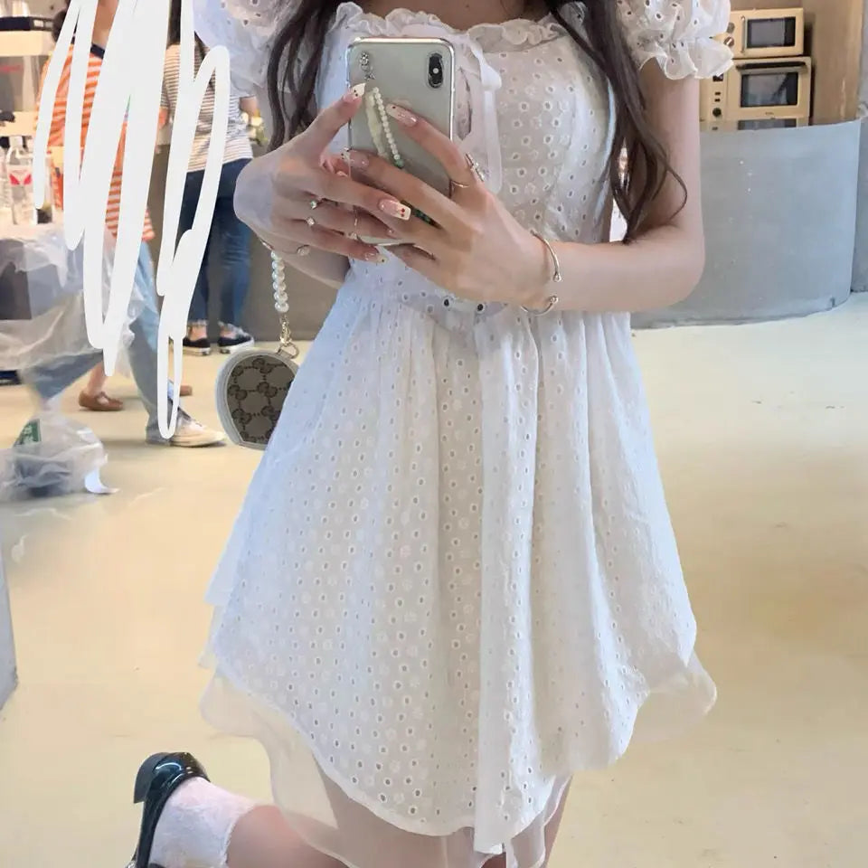 pantsparadises DRESS TO IMPRESS Elegant Korean White Dress Women Hollow Out Evening Bandage Sexy Sweet Mini Dress Summer Designer Casual Pretty Party Dress