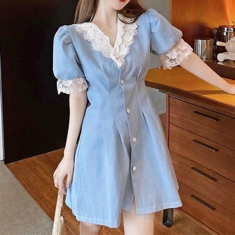 DRESS TO IMPRESS Japanese Sweet Mini Dress Women Patchwork Design Lace V-neck Party Dress Female Puff Sleeve Summer Office Lady Kawaii Dress 2024