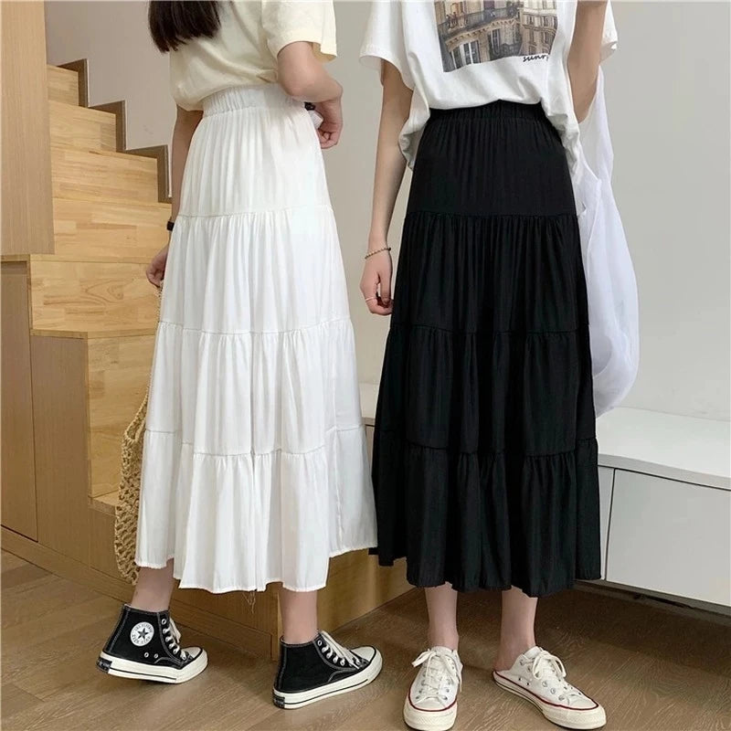 pantsparadises Spring Summer Women Chiffon Skirts Vintage High Waist Elastic Patchwork White Black Chic Long Cake A-line Skirt for Student