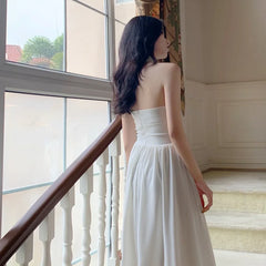 pantsparadises White Elegant Halter Dress Women Sexy Backless Korean Party Midi Dress Female Sleeveless V-neck Vintage Dresses for Women