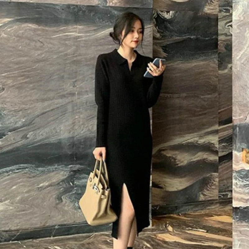 pantsparadises DRESS TO IMPRESS Elegant Split Knitted Dress Women Long Sleeve Fairy Office Lady Korean Party Dress Autumn Casual Evening One-piece Dress