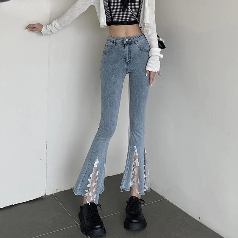 pantsparadises Chic Ankle-length High Waist Jeans Women Cute Lace Ruffles Patchwork Skinny Flare Pants Female Harajuku All-match Denim Trousers