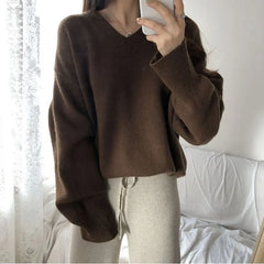 pantsparadises FALL OUTFIT Sweater Pullovers Women Spring New Chic Solid V-neck All-match Loose Simple Female Fashion Vintage Elegant Clothing Leisure Soft