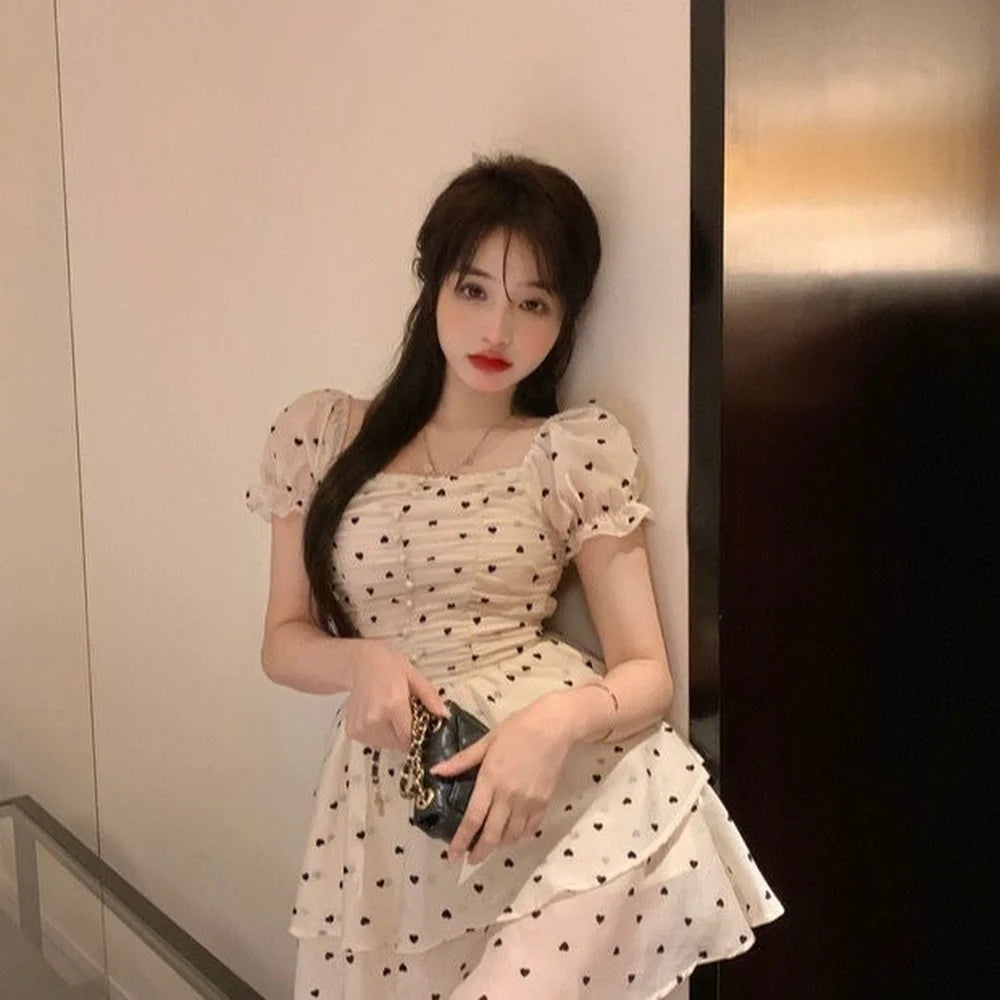 pantsparadises Elegant Sweet French Fairy Dress Women Summer Puff Sleeve Slim Mini Love Dot Dress Female Korean High Waist Party Princess Dress