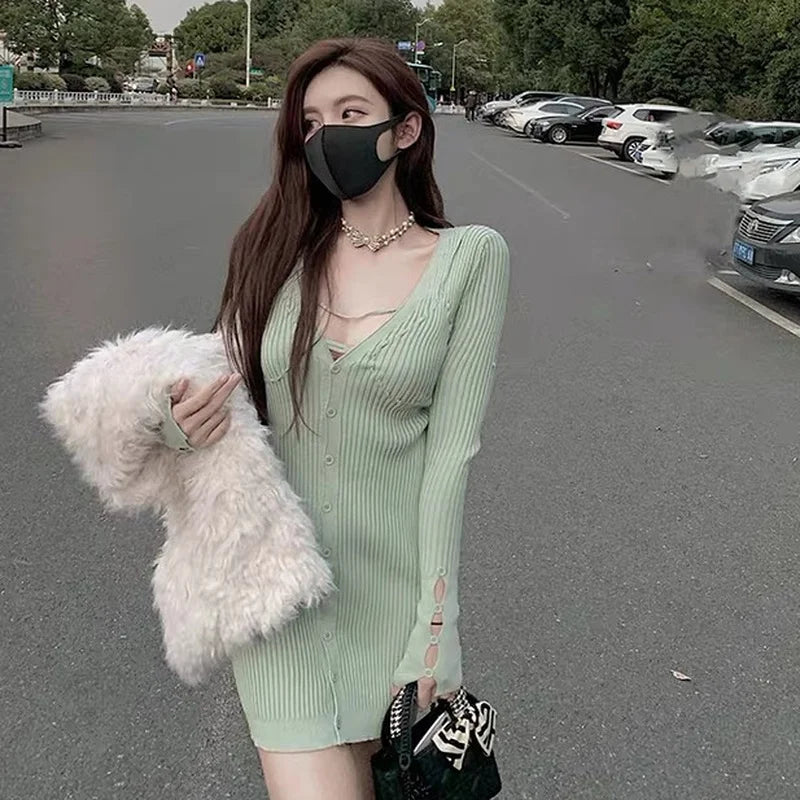 pantsparadises Autumn Sexy Knitted Dress Women Long Sleeve Fairy Korean Slim Bodycon Dress Female Casual Club High Street Party Mini Dress