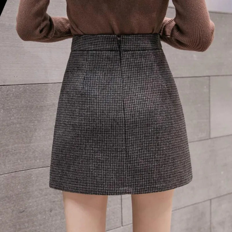 pantsparadises skirt outfits winter Autumn Winter New Fashion Plaid A-Line Mini Skirt Women High Waist Woolen Skirt Female Casual All-match Basic Skirt