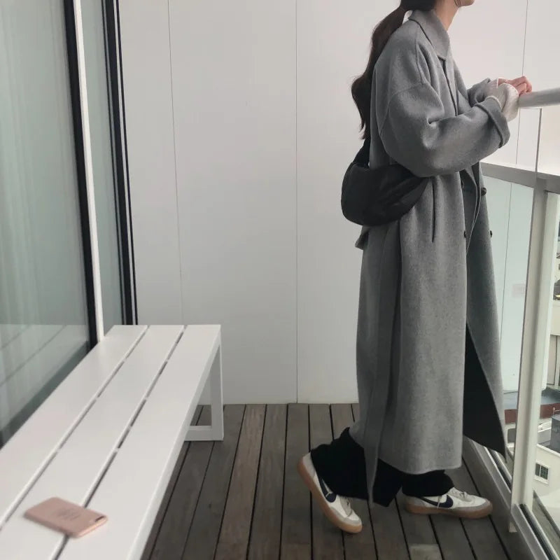 pantsparadises Winter Korean Handmade Double Breasted Long 100% Wool Coat Women Casual Loose Lacing Belt Woolen Overcoat Oversized