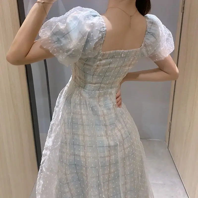 pantsparadises DRESS TO IMPRESS French Puff Sleeve Midi Dress Women Square Collar Design Court Vintage Dress Femme Casual Korea Slim Chiffon Summer Dresses 2024