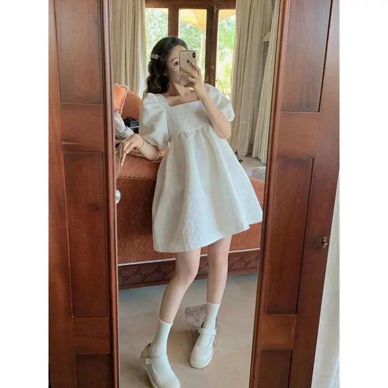 pantsparadises White Puff Sleeve Princess Dress Women French Court Mini Party Sweet Dress Summer Casual Korean Wedding Evening Y2k Dress