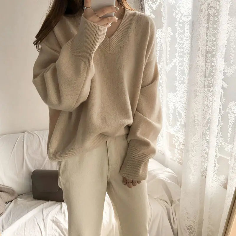 pantsparadises FALL OUTFIT Sweater Pullovers Women Spring New Chic Solid V-neck All-match Loose Simple Female Fashion Vintage Elegant Clothing Leisure Soft