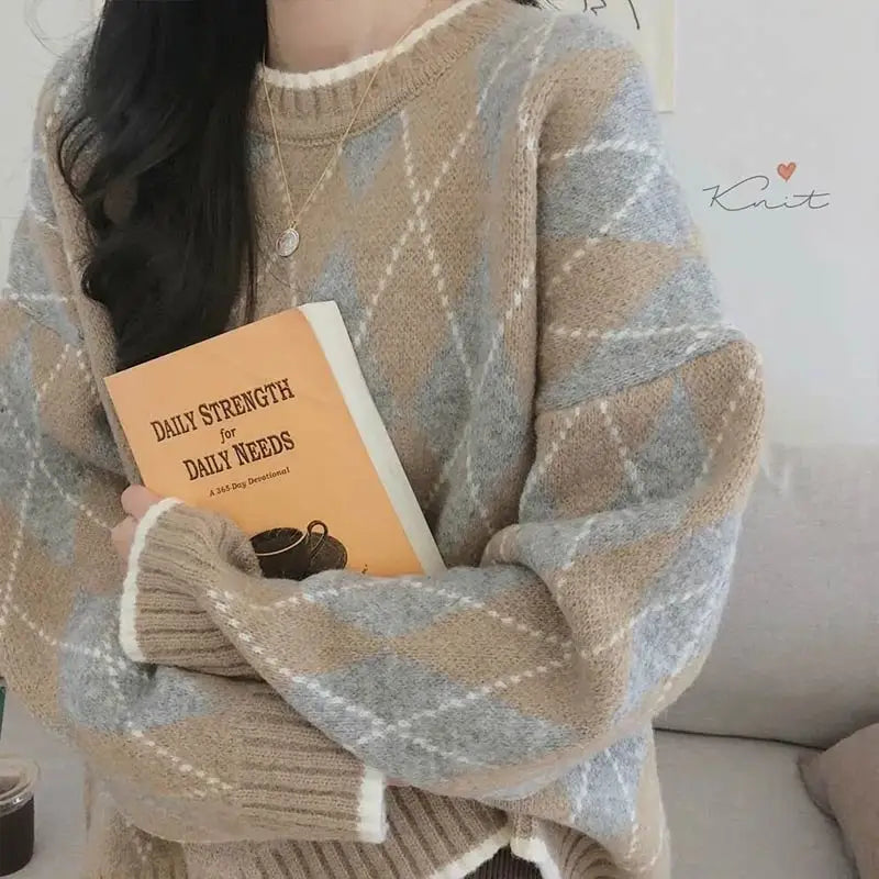 pantsparadises comfy outfits winter Winter Argyle Loose Knitted Sweater Pullovers Sweater Korean College Style Women Jumper