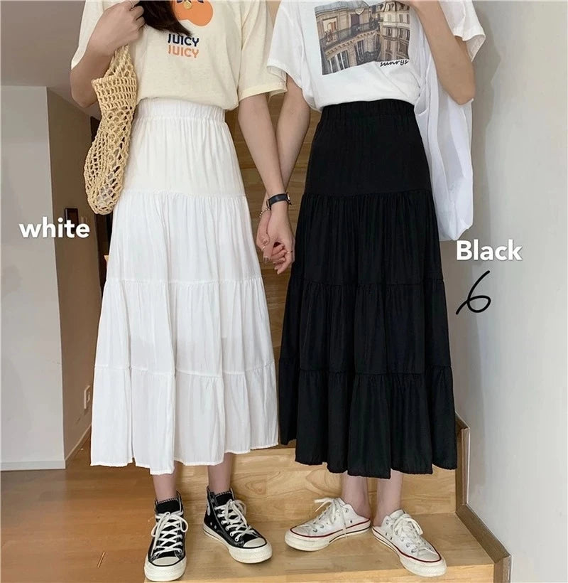 pantsparadises Spring Summer Women Chiffon Skirts Vintage High Waist Elastic Patchwork White Black Chic Long Cake A-line Skirt for Student