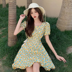 pantsparadises Summer Vintage Floral Dress Women French Party Sweet Elegant Beach Casual Dress Korean Chic Princess Kawaii Holiday Dress DRESS TO IMPRESS