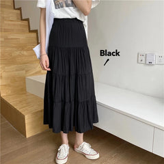 pantsparadises Spring Summer Women Chiffon Skirts Vintage High Waist Elastic Patchwork White Black Chic Long Cake A-line Skirt for Student