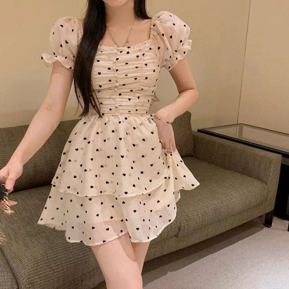 pantsparadises Elegant Sweet French Fairy Dress Women Summer Puff Sleeve Slim Mini Love Dot Dress Female Korean High Waist Party Princess Dress