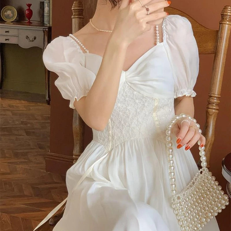 Elegant V-neck White Dress Women Puff Sleeve Lace Party Midi Dress Femme Korean One-piece Dress Summer Women's Clothing 2024 New