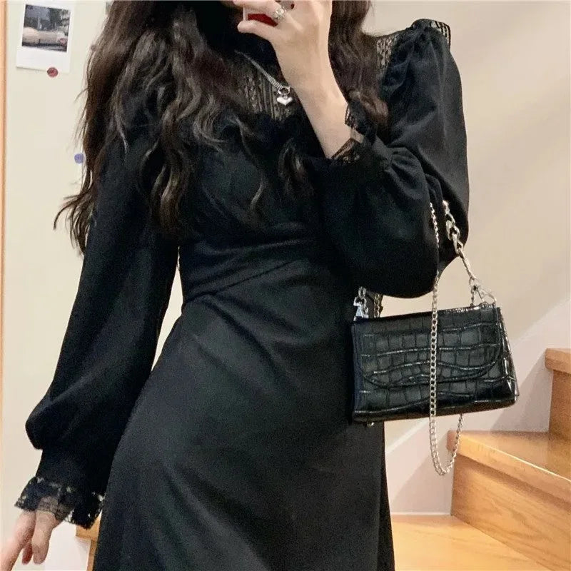 pantsparadises DRESS TO IMPRESS French Lace Vintage Dress Women Fashion Puffer Sleeve Elegant One Piece Dress Korean Spring High Street Slim Midi Dress  Y2k