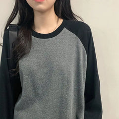 pantsparadises casual winter outfits New Female T-shirt Grey O Neck Contrast Color Long Sleeve T Shirt Loose Autumn Tee Tops for Women Shirts Patchwork