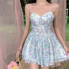 DRESS TO IMPRESS Sexy Strap Floral Dress Women Designer Korean Elegant Sweet Mini Dress Sleeveless Chiffon Slim Fairy Party Dress Summer New