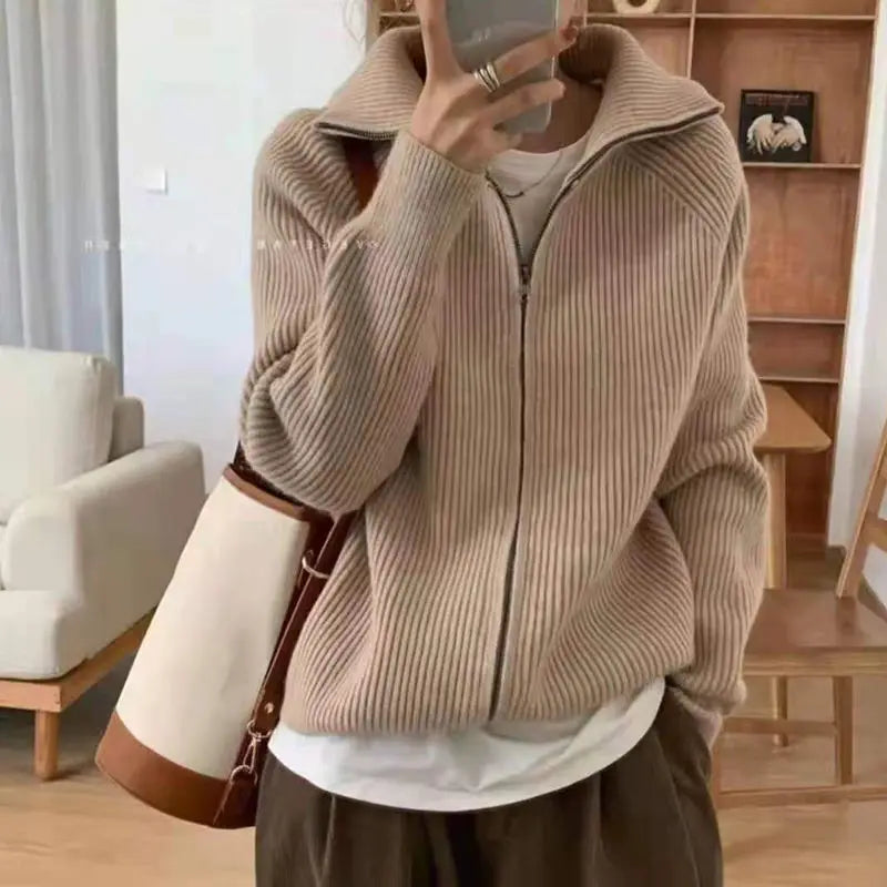 pantsparadises Sweater Cardigan Women Spring New Solid Vintage All-match Elegant Zipper Loose Daily Soft Sweet Simple Casual Knitwear Chic Teen