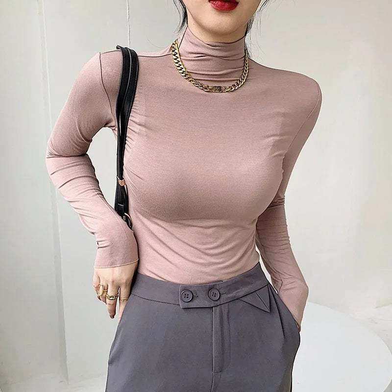 pantsparadises High Collar Modal Autumn Winter Women Base Shirt Casual Solid Long Sleeve Slim Stretch T-shirt Ladies Fashion Tops