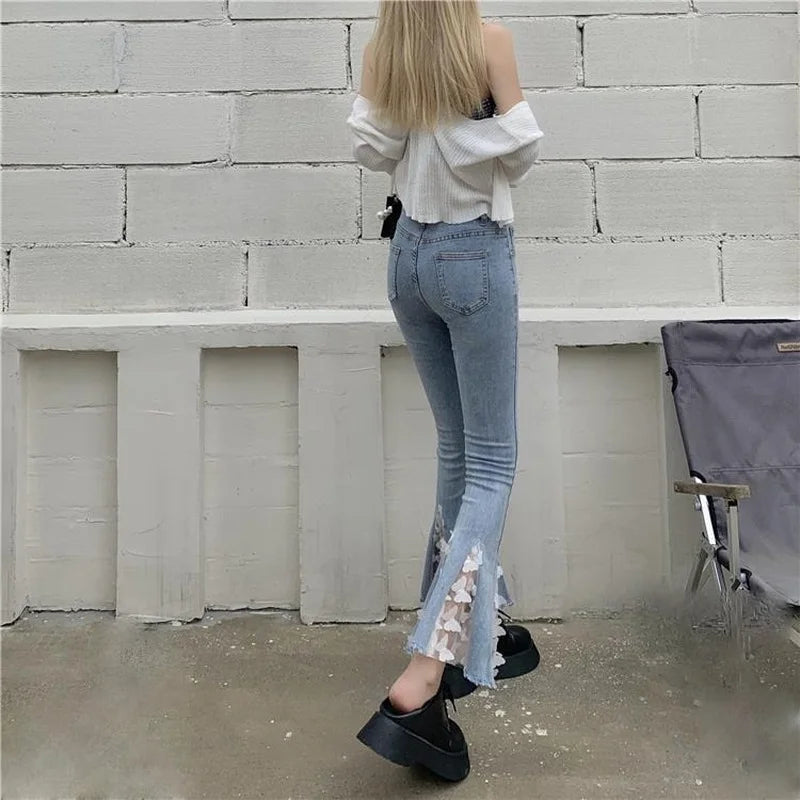 pantsparadises Chic Ankle-length High Waist Jeans Women Cute Lace Ruffles Patchwork Skinny Flare Pants Female Harajuku All-match Denim Trousers