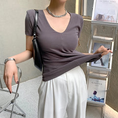 pantsparadises Casual Cotton V Neck Short Sleeve T-shirt Women Fashion Shoulder Pad Solid Color Summer Slim Tees Ladies Basic Elastic Tops