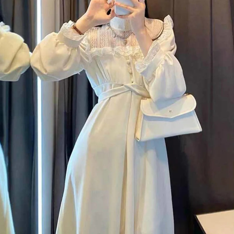 pantsparadises DRESS TO IMPRESS French Lace Vintage Dress Women Fashion Puffer Sleeve Elegant One Piece Dress Korean Spring High Street Slim Midi Dress  Y2k