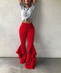 pantsparadises Hippie Women Enthusiastic Red Ruffles Slim Flare Pants Elastic Bottom Fashion Summer New Wide Leg Trouser Elegant Clothing