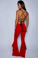 pantsparadises Hippie Women Enthusiastic Red Ruffles Slim Flare Pants Elastic Bottom Fashion Summer New Wide Leg Trouser Elegant Clothing