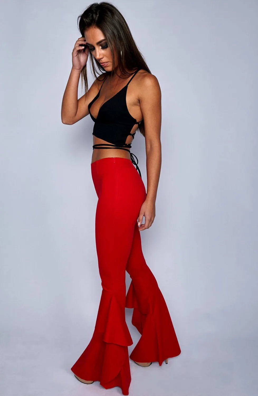 pantsparadises Hippie Women Enthusiastic Red Ruffles Slim Flare Pants Elastic Bottom Fashion Summer New Wide Leg Trouser Elegant Clothing