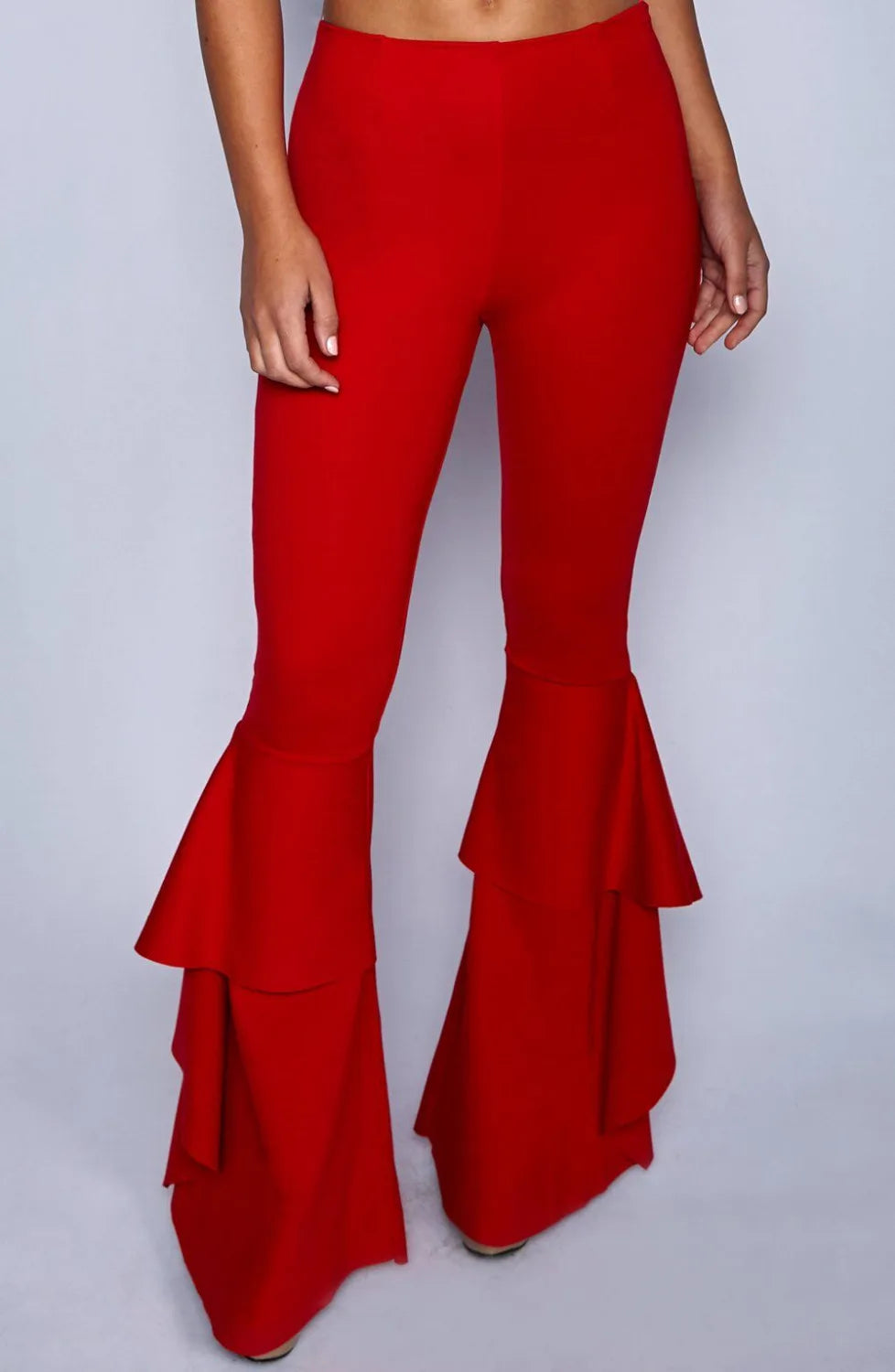 pantsparadises Hippie Women Enthusiastic Red Ruffles Slim Flare Pants Elastic Bottom Fashion Summer New Wide Leg Trouser Elegant Clothing