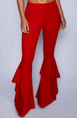 pantsparadises Hippie Women Enthusiastic Red Ruffles Slim Flare Pants Elastic Bottom Fashion Summer New Wide Leg Trouser Elegant Clothing