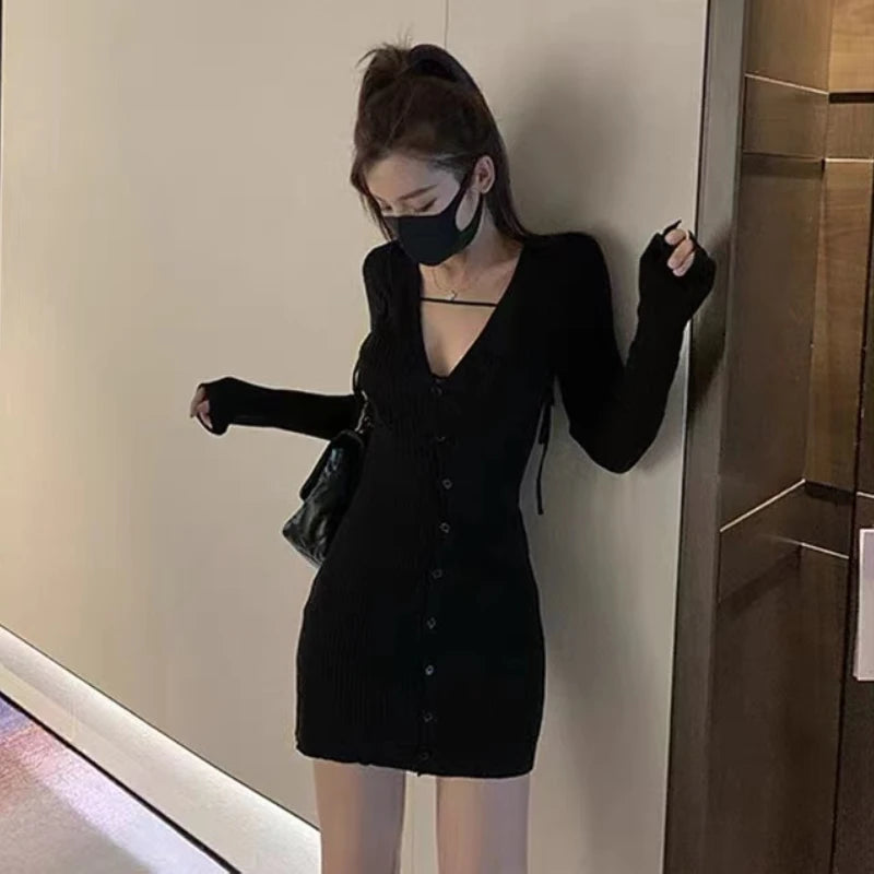 pantsparadises Autumn Sexy Knitted Dress Women Long Sleeve Fairy Korean Slim Bodycon Dress Female Casual Club High Street Party Mini Dress