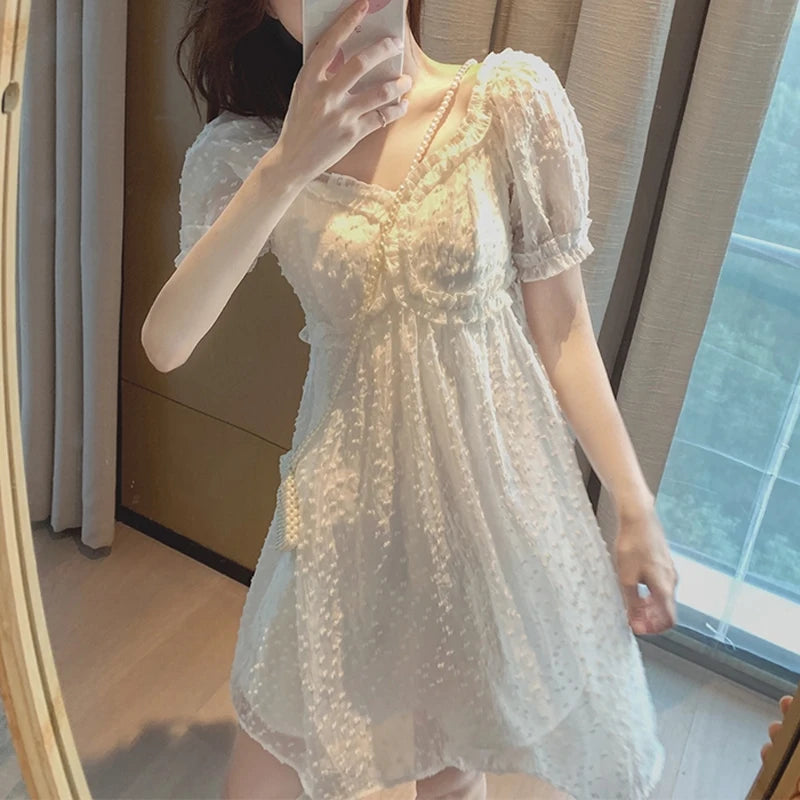 pantsparadises DRESS TO IMPRESS Summer Chiffon Lace Fairy Dress Women Backless Design Puff Sleeve Party Mini Dress Female Patchwork Korean One-piece Dress