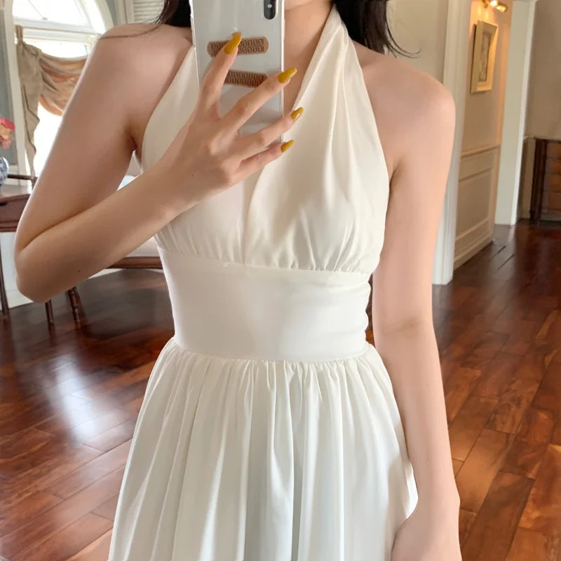 pantsparadises White Elegant Halter Dress Women Sexy Backless Korean Party Midi Dress Female Sleeveless V-neck Vintage Dresses for Women