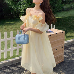 Summer Vintage Yellow Strap Dress Women Sweet Off Shoulder Ruffle Fairy Dress Female Elegant Evening Party Ladies Dress New