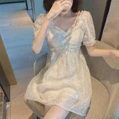 pantsparadises DRESS TO IMPRESS Summer Chiffon Lace Fairy Dress Women Backless Design Puff Sleeve Party Mini Dress Female Patchwork Korean One-piece Dress