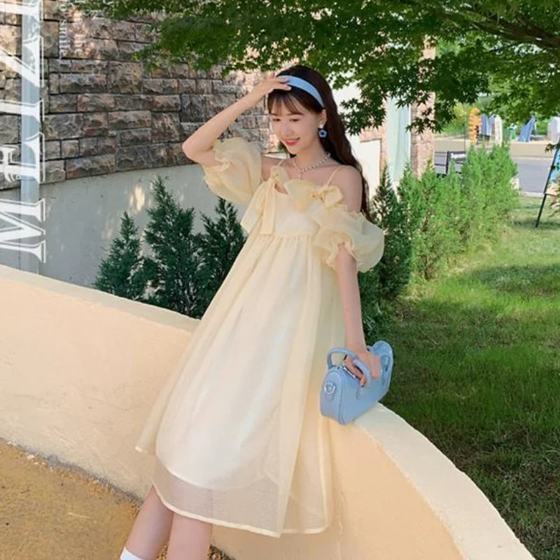 pantsparadises DRESS TO IMPRESS Summer Vintage Yellow Strap Dress Women Sweet Off Shoulder Ruffle Fairy Dress Female Elegant Evening Party Ladies Dress New