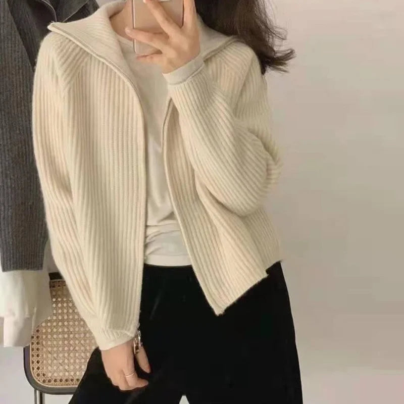 pantsparadises Sweater Cardigan Women Spring New Solid Vintage All-match Elegant Zipper Loose Daily Soft Sweet Simple Casual Knitwear Chic Teen