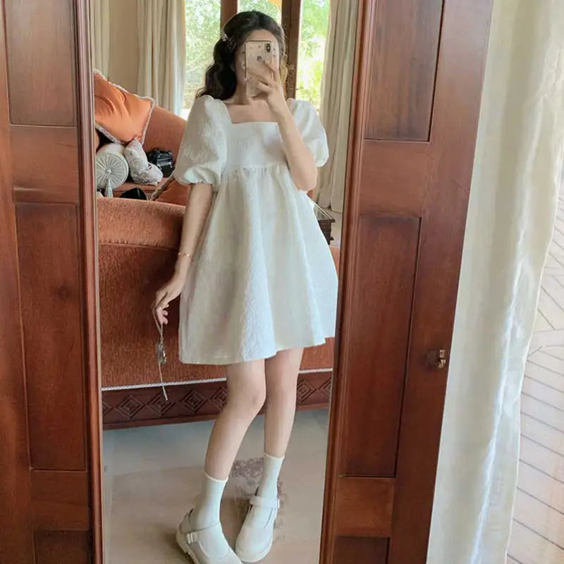 pantsparadises White Puff Sleeve Princess Dress Women French Court Mini Party Sweet Dress Summer Casual Korean Wedding Evening Y2k Dress