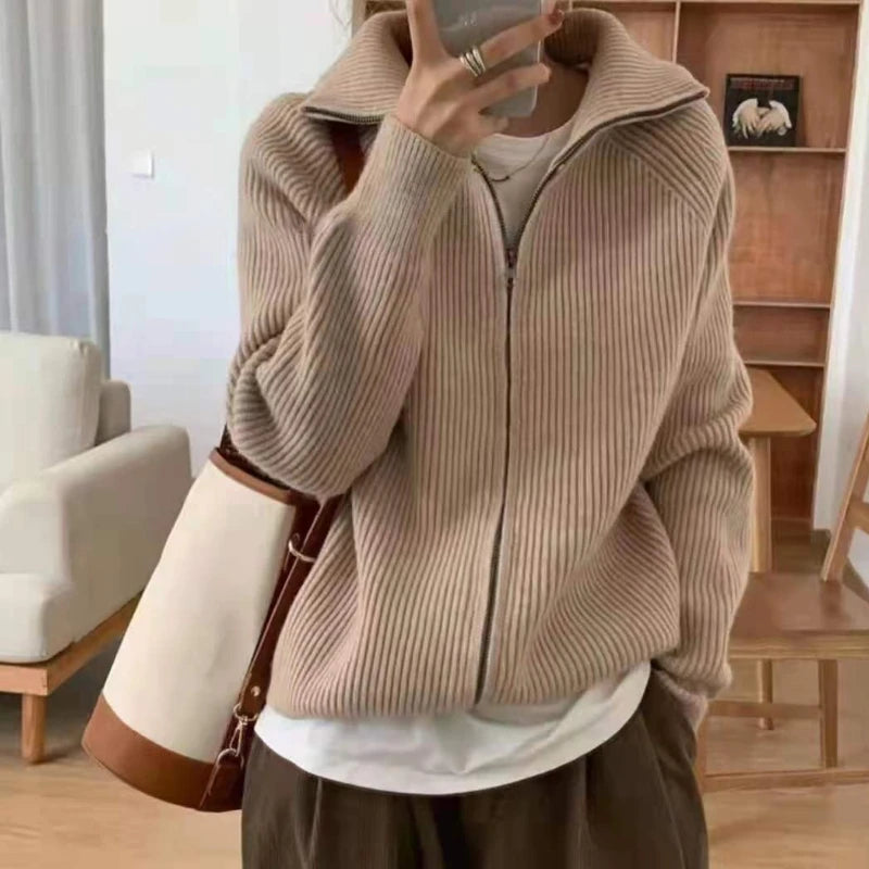 pantsparadises Sweater Cardigan Women Spring New Solid Vintage All-match Elegant Zipper Loose Daily Soft Sweet Simple Casual Knitwear Chic Teen