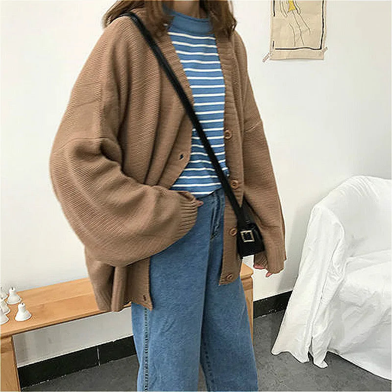 pantsparadises Sweaters Women Knitting Cardigans Casual Spring V-Neck Long Sleeve Daily Solid Mujer Clothes Single Breasted Brown College