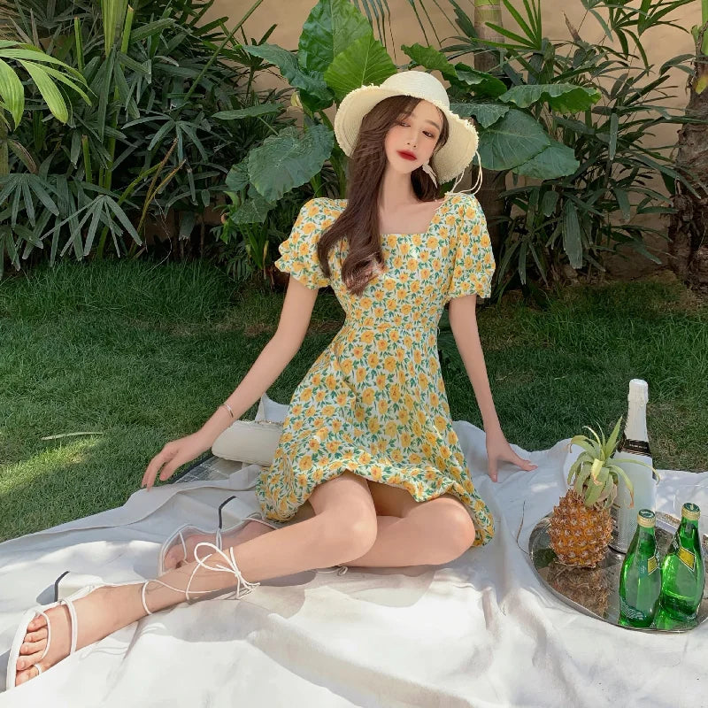 pantsparadises Summer Vintage Floral Dress Women French Party Sweet Elegant Beach Casual Dress Korean Chic Princess Kawaii Holiday Dress DRESS TO IMPRESS