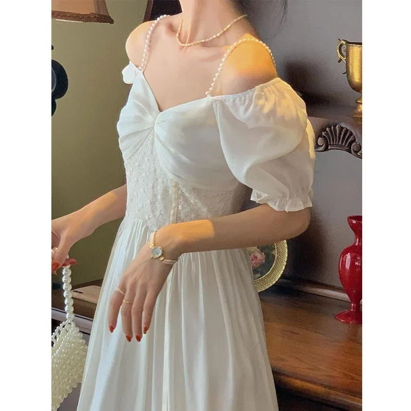 pantsparadises DRESS TO IMPRESS Elegant V-neck White Dress Women Puff Sleeve Lace Party Midi Dress Femme Korean One-piece Dress Summer Women's Clothing 2024 New