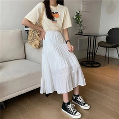 pantsparadises Spring Summer Women Chiffon Skirts Vintage High Waist Elastic Patchwork White Black Chic Long Cake A-line Skirt for Student