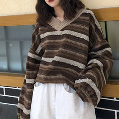 pantsparadises Knitted Sweaters Women Casual V Neck Stripe Pullover Sweater Autumn-winter Retro Jumper Harajuku Oversized Loose Sweater