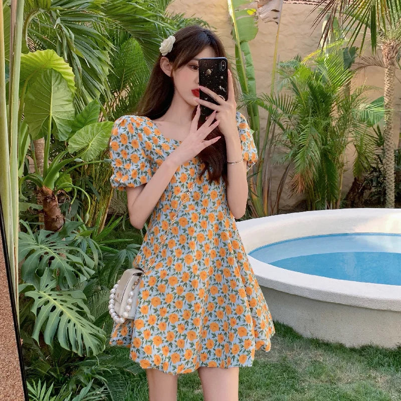 pantsparadises Summer Vintage Floral Dress Women French Party Sweet Elegant Beach Casual Dress Korean Chic Princess Kawaii Holiday Dress DRESS TO IMPRESS