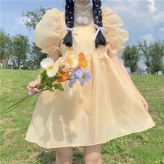 Yellow Sweet Princess Dress Women Japanese Fairy Sexy Backless Mini Dress Casual Korean Party Birthday Dress for Women New